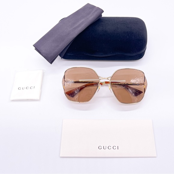 NEW GUCCI WOMEN BROWN GOLD SUNGLASSES GG0818SA 002 - Picture 7 of 8